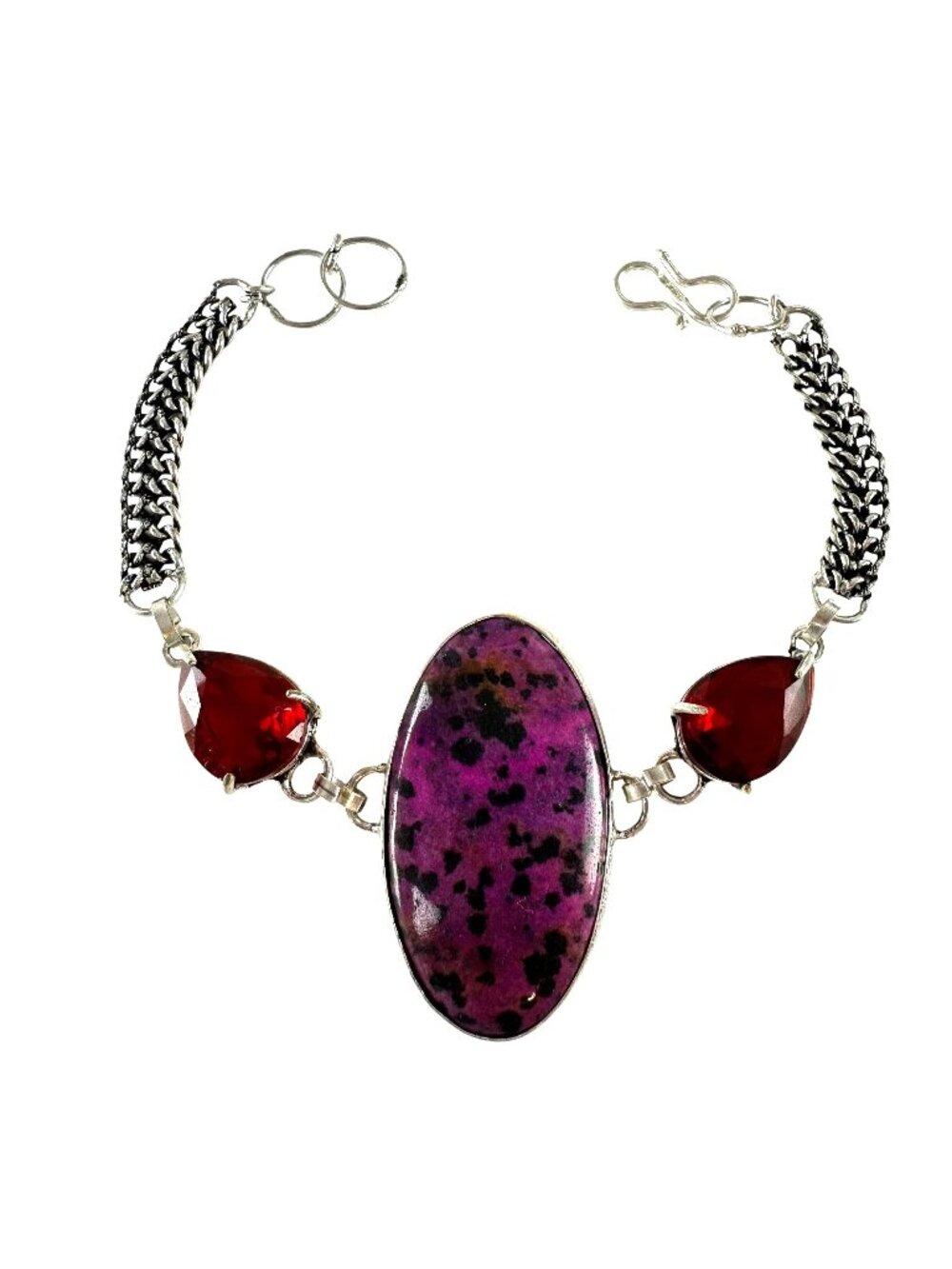 Pink & Purple Dalmatian Jasper & Garnet Bracelet Silver Plate